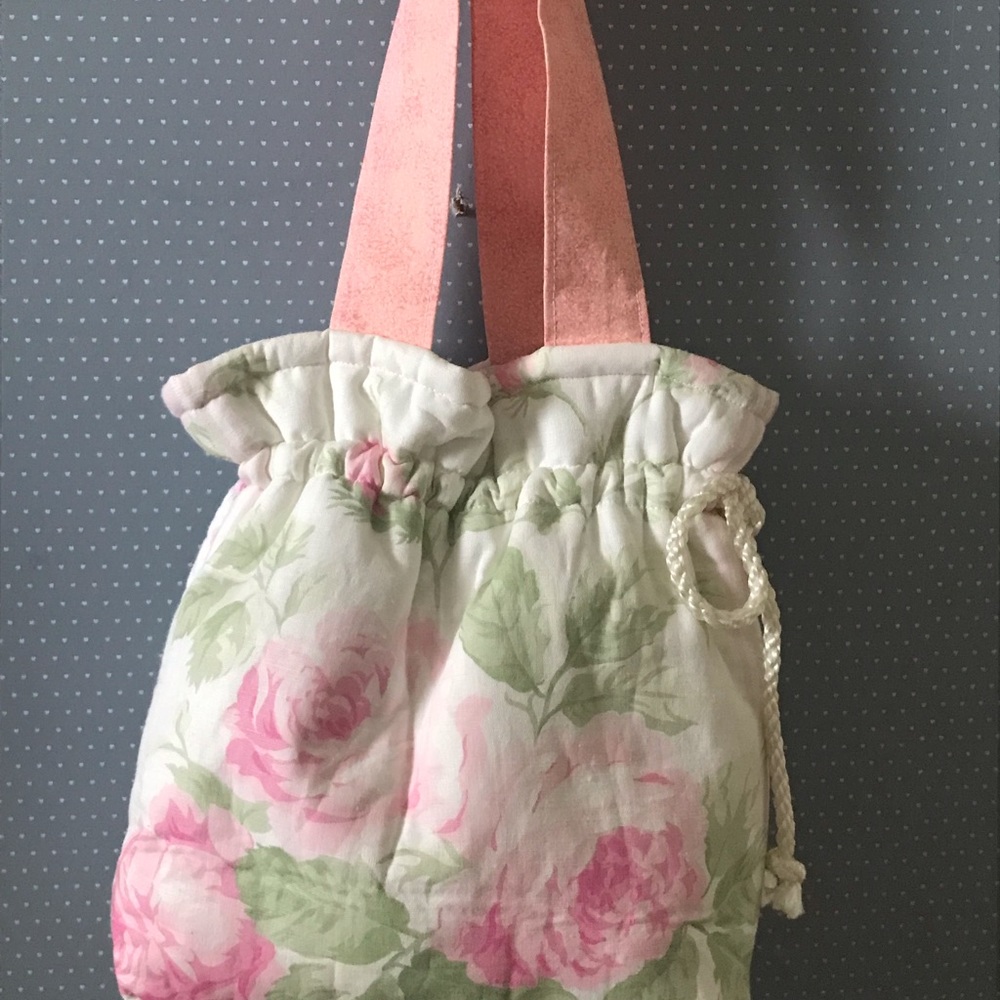 Pink Roses Drawstring Cottage Boutique Shoulder Bag * Handmade *